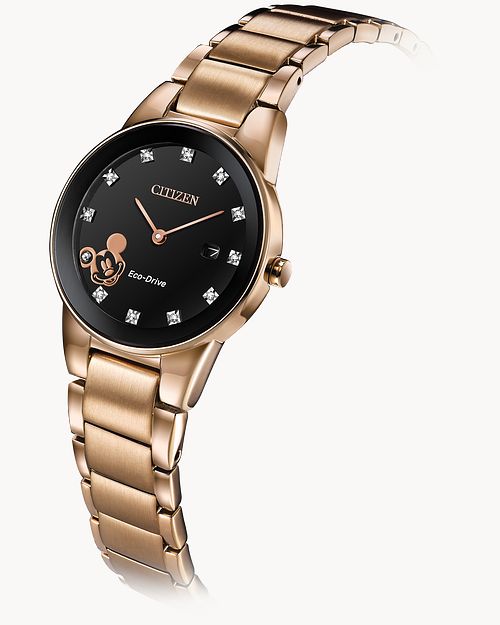 Citizen Mickey Mouse Ladies Eco-Drive Rose Gold Black Dial Watch 